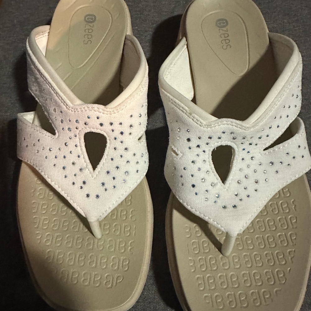Bzees Cream Suede Rhinestone Thong Sandals